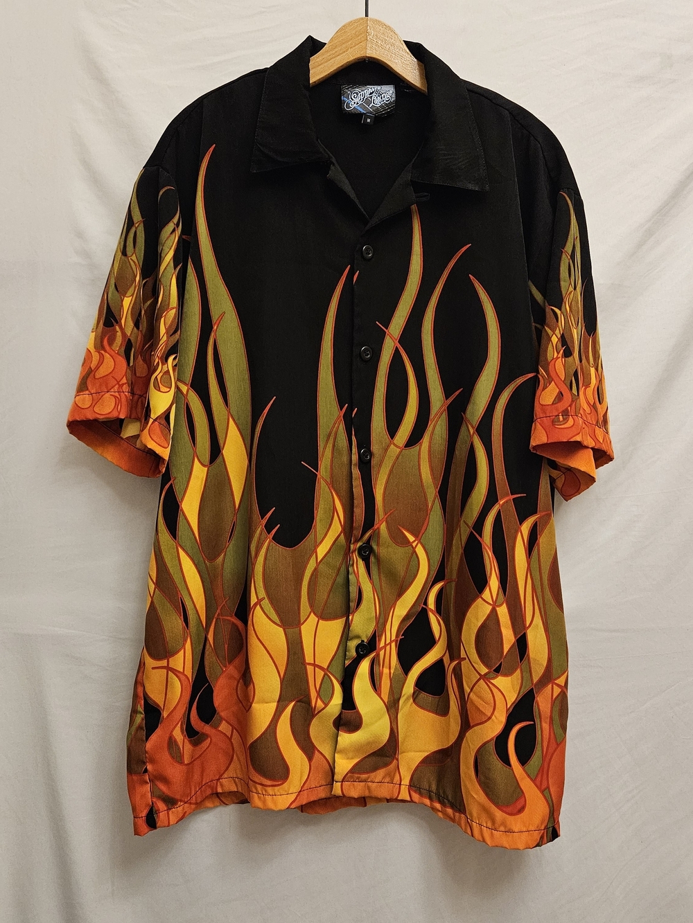 Vintage Y2K Saphire Lounge Flame Print Button-Down Shirt Grunge Mens M Mall Goth